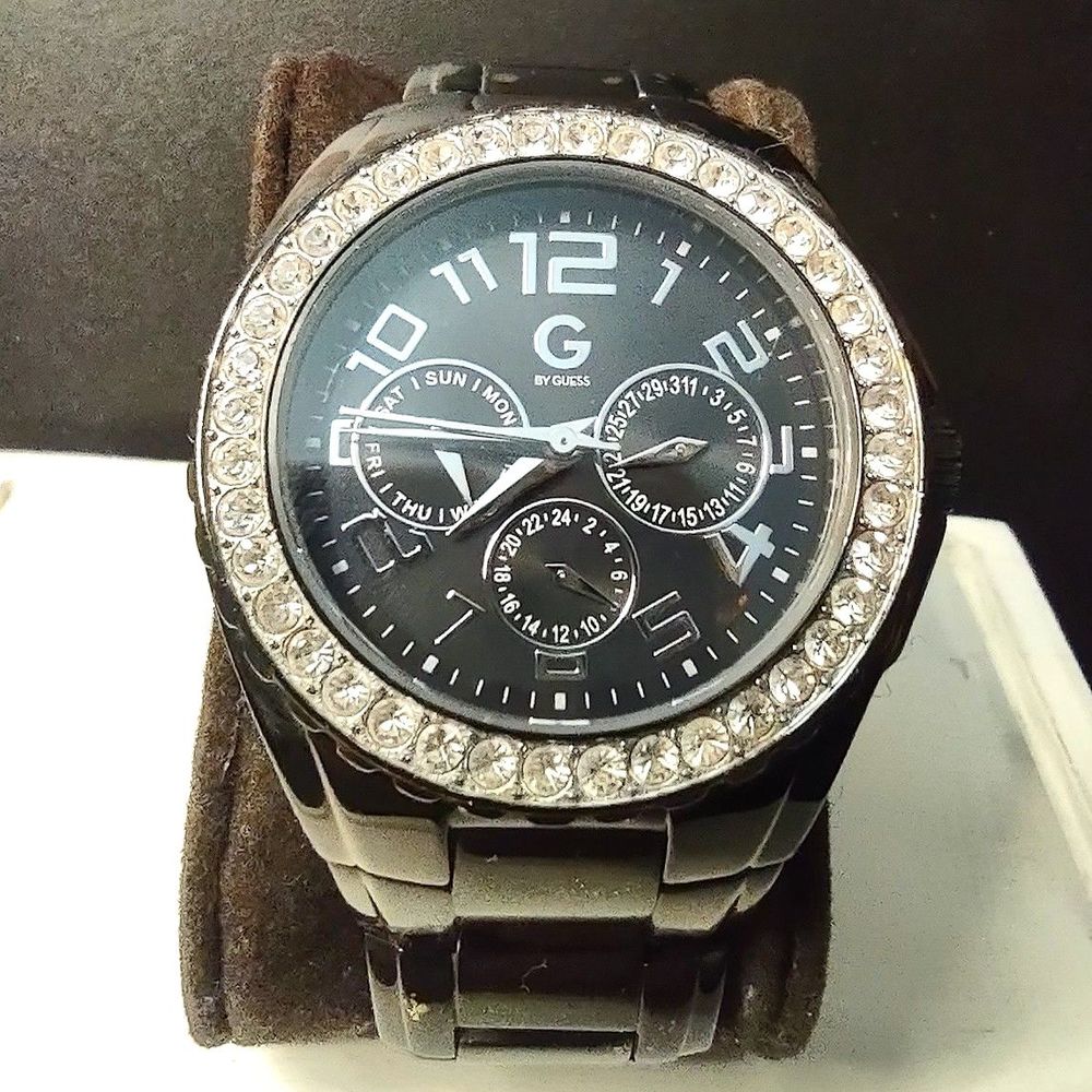 Guess Large Black Chronograph Wrist Watch Rhinestones